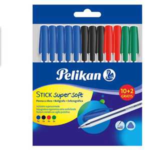 Cartoleria Penna a sfera Pelikan Stick Supersoft con inchiostro superscorrevole. Confezione 12 pezzi (10+2 omaggio) Pelikan