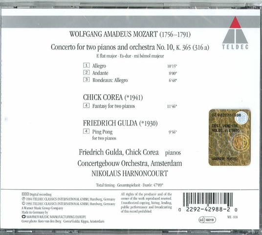 Concerto per 2 pianoforti n.10 - CD Audio di Chick Corea,Friedrich Gulda,Wolfgang Amadeus Mozart,Nikolaus Harnoncourt,Royal Concertgebouw Orchestra - 2
