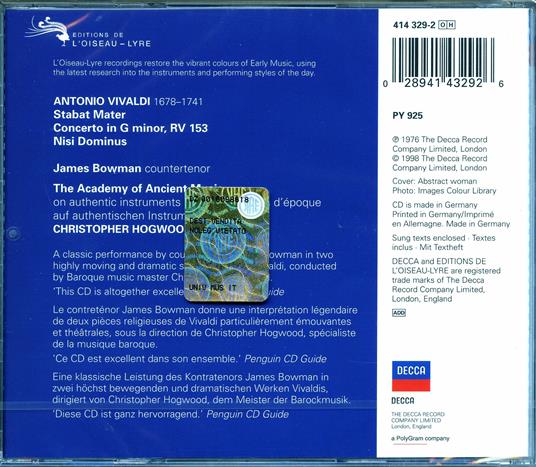 Stabat Mater - Nisi Dominus - CD Audio di Antonio Vivaldi,Christopher Hogwood,Academy of Ancient Music,James Bowman - 2