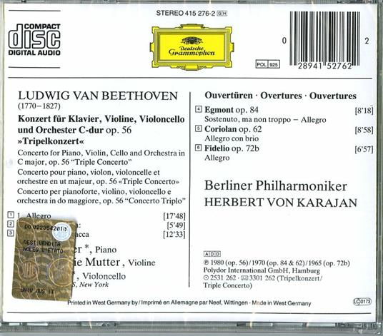 Triplo concerto - Ouvertures - CD Audio di Ludwig van Beethoven,Yo-Yo Ma,Herbert Von Karajan,Anne-Sophie Mutter,Berliner Philharmoniker,Mark Zeltser - 2