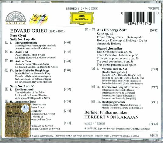 Peer Gynt Suites - Holberg Suite - CD Audio di Edvard Grieg,Herbert Von Karajan,Berliner Philharmoniker - 2