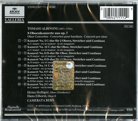 Concerti per oboe op.7 - CD Audio di Tomaso Giovanni Albinoni,Heinz Holliger,Camerata Bern - 2