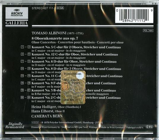 Concerti per oboe op.7 - CD Audio di Tomaso Giovanni Albinoni,Heinz Holliger,Camerata Bern - 2