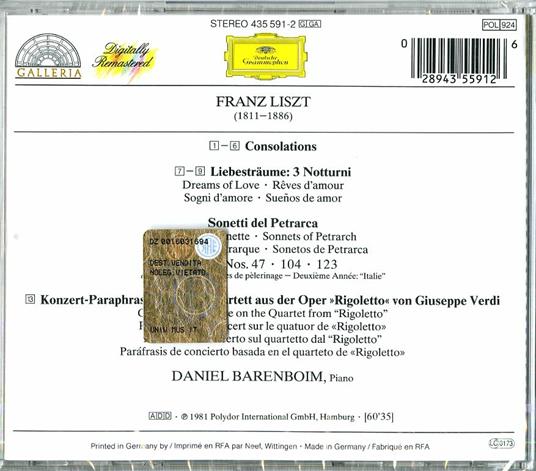 Consolations - Sonetti del Petrarca - Rigoletto - 3 Notturni - Années de pélegrinage n.2 - CD Audio di Franz Liszt,Daniel Barenboim - 2