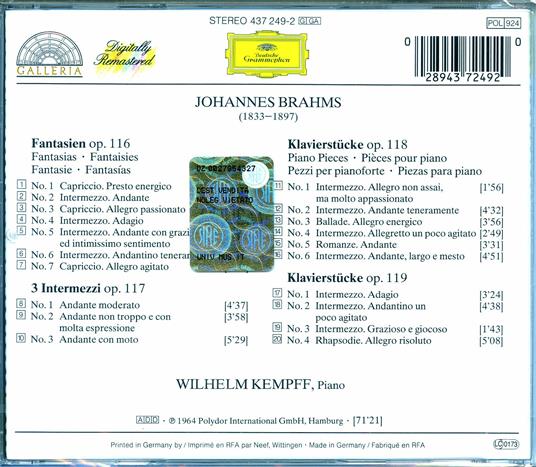 Fantasie op.116 - Intermezzi op.117 - Pezzi per pianoforte op.118, op.119 - CD Audio di Johannes Brahms,Wilhelm Kempff - 2