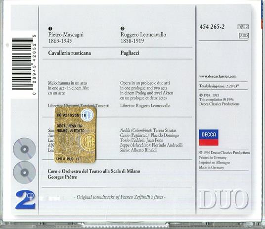 Cavalleria rusticana / Pagliacci - CD Audio di Placido Domingo,Renato Bruson,Elena Obraztsova,Pietro Mascagni,Ruggero Leoncavallo,Georges Prêtre,Orchestra del Teatro alla Scala di Milano - 2