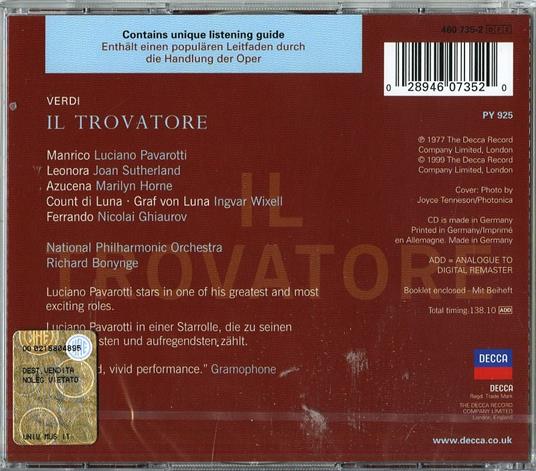 Il Trovatore - CD Audio di Luciano Pavarotti,Marilyn Horne,Joan Sutherland,Giuseppe Verdi,Richard Bonynge,National Philharmonic Orchestra - 2