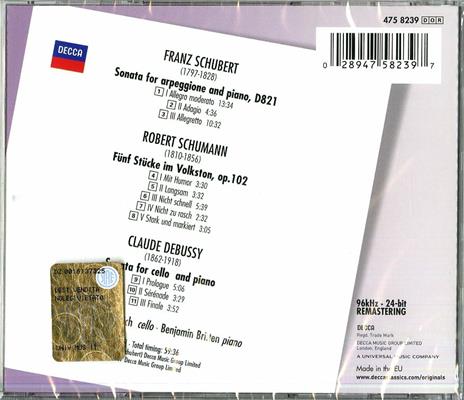 Sonata Arpeggione / 5 Stücke im Volkston op.102 / Sonata per violoncello e pianoforte - CD Audio di Benjamin Britten,Claude Debussy,Franz Schubert,Robert Schumann,Mstislav Rostropovich - 2