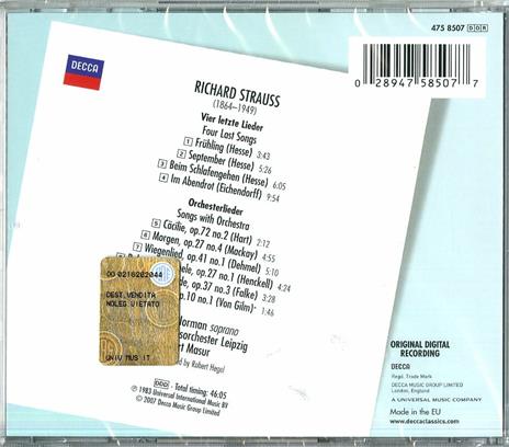 Vier Letzte Lieder - Lieder - CD Audio di Richard Strauss,Kurt Masur,Jessye Norman,Gewandhaus Orchester Lipsia - 2