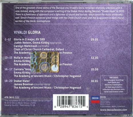 Gloria - CD Audio di Antonio Vivaldi,Christopher Hogwood,Simon Preston,Academy of Ancient Music,Emma Kirkby,James Bowman - 2