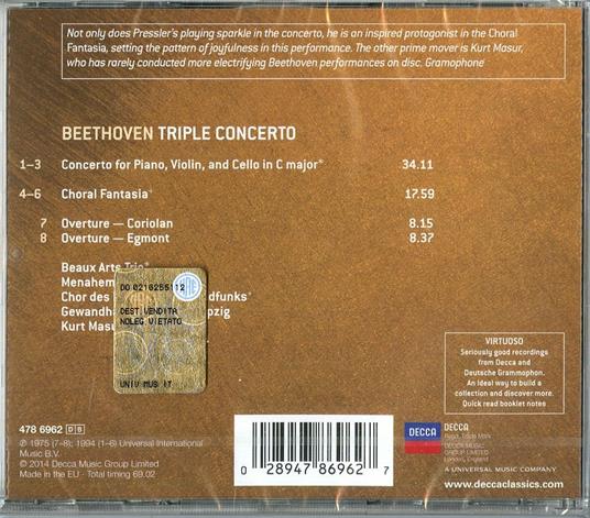 Concerto triplo - Fantasia corale - CD Audio di Ludwig van Beethoven,Beaux Arts Trio,Kurt Masur,Gewandhaus Orchester Lipsia - 2