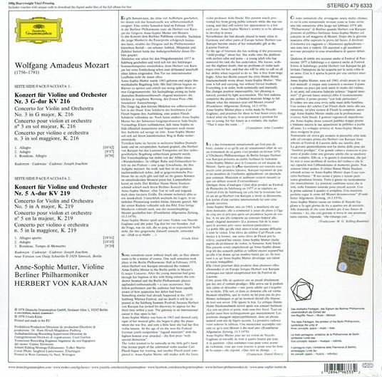 Concerti per violino n.3 e n.5 - Vinile LP di Wolfgang Amadeus Mozart,Herbert Von Karajan,Anne-Sophie Mutter,Berliner Philharmoniker - 2