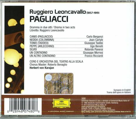 Pagliacci - CD Audio di Herbert Von Karajan,Ruggero Leoncavallo,Carlo Bergonzi,Joan Carlyle,Orchestra del Teatro alla Scala di Milano - 2