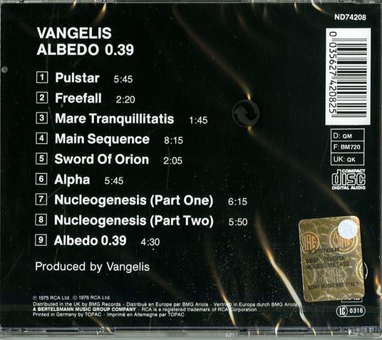 Albedo 0.39 - CD Audio di Vangelis - 2