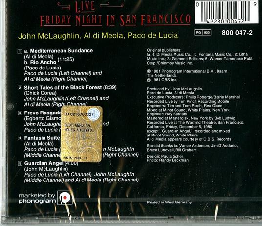 Friday Night in San Francisco Live - CD Audio di Paco De Lucia,Al Di Meola,John McLaughlin - 2