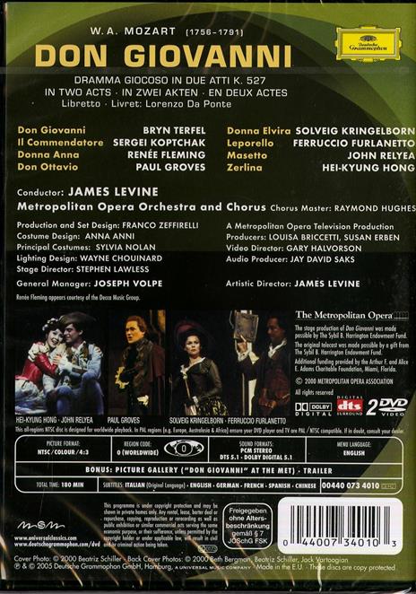 Wolfgang Amadeus Mozart. Don Giovanni (2 DVD) - DVD di Wolfgang Amadeus Mozart,Renée Fleming,Bryn Terfel,Ferruccio Furlanetto,James Levine - 2