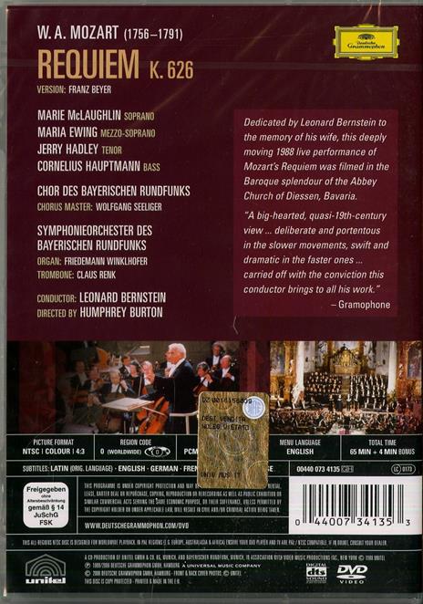 Wolfgang Amadeus Mozart. Requiem (DVD) - DVD di Leonard Bernstein,Wolfgang Amadeus Mozart,Jerry Hadley,Maria Ewing,Marie McLaughlin - 2