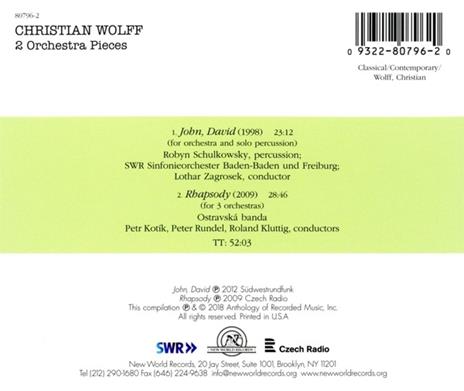 2 Orchestra Pieces - CD Audio di Christian Wolff - 2