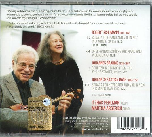 Schumann, Bach, Brahms - CD Audio di Johann Sebastian Bach,Johannes Brahms,Robert Schumann,Itzhak Perlman,Martha Argerich - 2