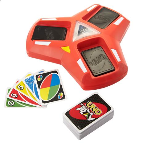 UNO Triple Play, Gioco di carte con porta-carte con luci e suoni e 112 carte, per tutta la Famiglia 7+ anni - 2