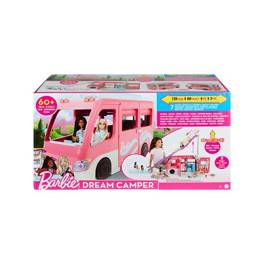 Barbie - Camper dei Sogni, Veicolo con Scivolo e Piscina e 7 Aree Gioco; Alto 76 cm include 2 Cuccioli ed oltre 60 Accessori
