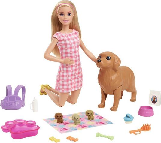 Barbie-Playset Cuccioli Appena Nati con Bambola Barbie Bionda, Cane che Partorisce