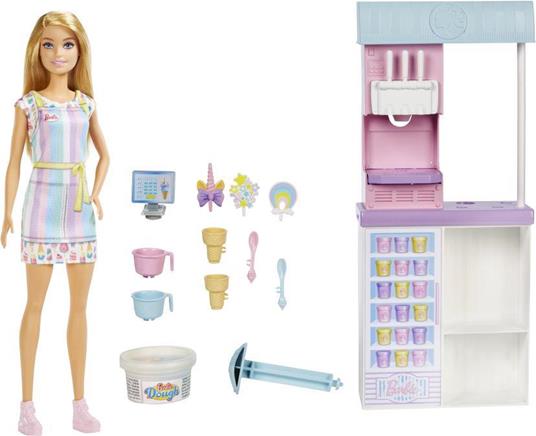 Barbie-Playset Gelateria con Bambola Bionda, Macchina per Fare il Gelato, 2 Barattolini di Pasta Modellabile