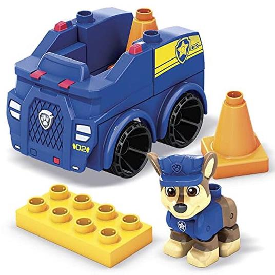 Mega Bloks-Paw Patrol Auto della Polizia di Chase, 10 Blocchi da Costruzione Incluso Personaggio di Chase Snodato
