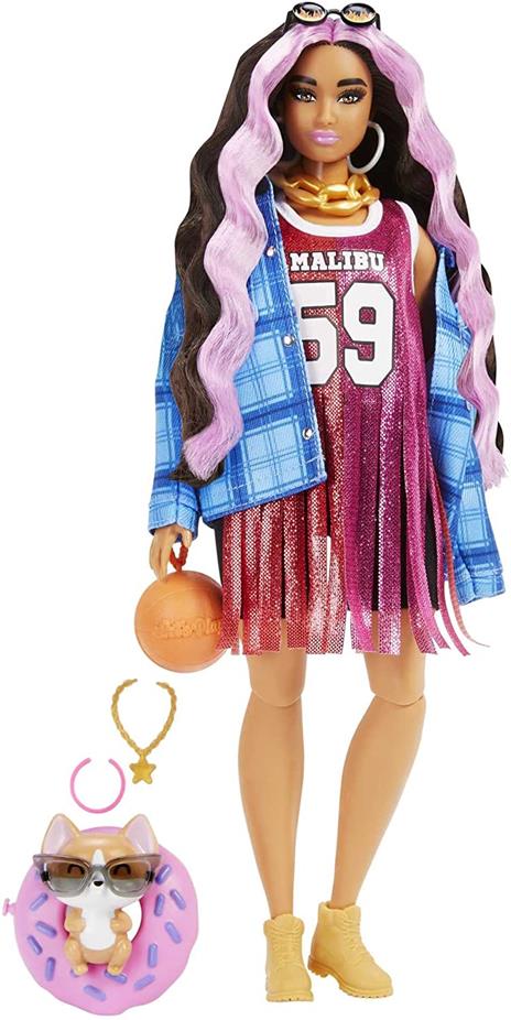 Barbie - Extra Bambola Snodata con Lunghissimi Capelli Ondulati con Ciocche Rosa , Giocattolo per Bambini 3+ Anni, HDJ46