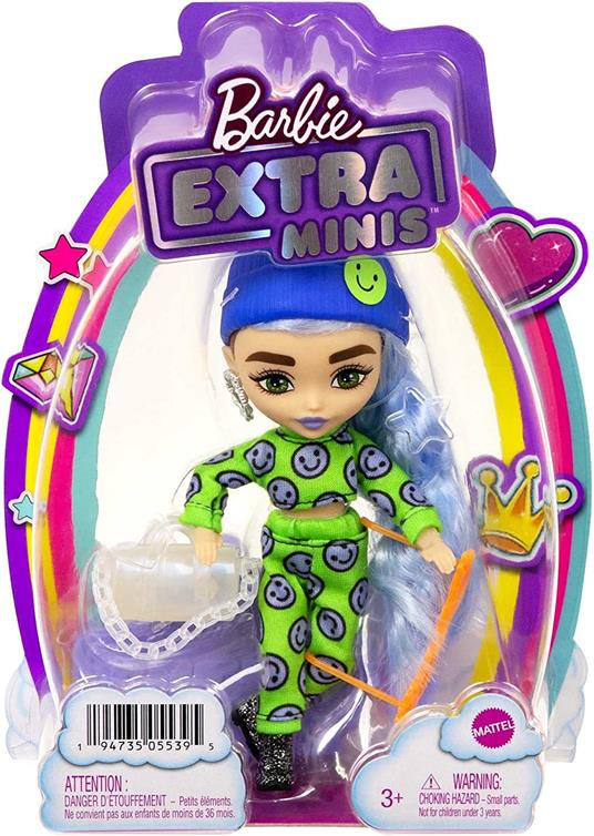 Barbie Extra Minis Mini Bambola Articolata con Look Felpa e Pantaloni con Emoji e Morbidi Capelli Blu Ghiaccio - 6