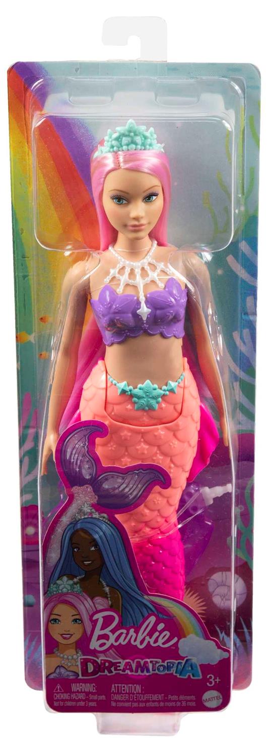 Barbie Dreamtopia, bambola dai capelli rosa con coroncina regale, con corpetto a conchiglia e la coda multicolore sfumata - 6