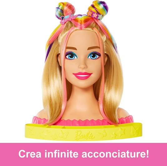 Barbie super chioma hairstyle capelli arcobaleno, testa pettinabile con capelli biondi e ciocche arcobaleno fluo - 4