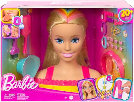 Barbie super chioma hairstyle capelli arcobaleno, testa pettinabile con capelli biondi e ciocche arcobaleno fluo - 6