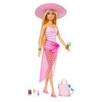 Giocattolo ?Barbie Movie - Barbie bambola bionda con costume da bagno rosa e bianco, cappello da sole, tote bag e accessori da spiaggia Barbie