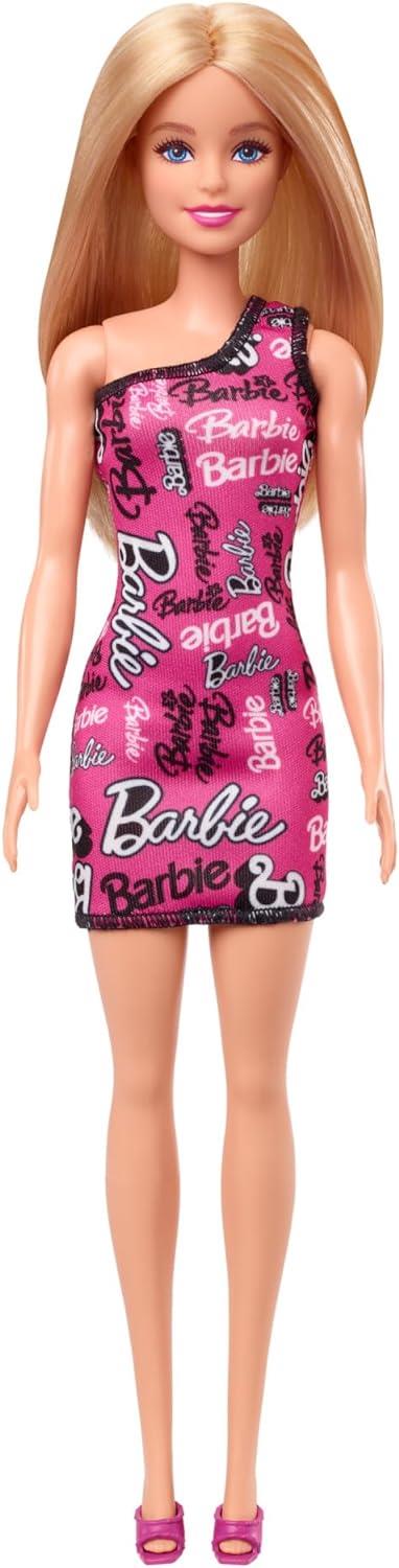 Barbie - Bambola bionda con capelli lisci, indossa un abito monospalla rosa e scarpe removibili con stampa del logo - 5