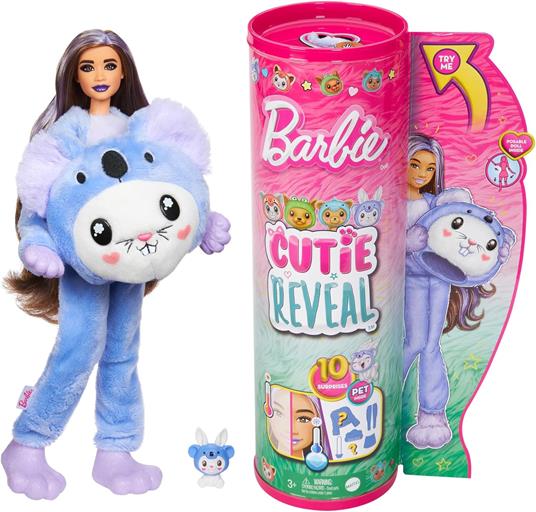 Barbie Cutie Reveal - Bambola con Costume di Peluche da Coniglietto-Koala e 10 Accessori a Sorpresa Cambia Colore,
