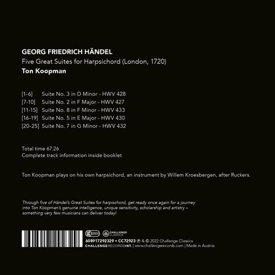 Five Great Suites For Harpsichord (London, 1720) - CD Audio di Ton Koopman - 2