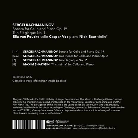 Rachmaninov. Sonata For Cello And Piano Op. 19 - Trio Elegiaque No. 1 - CD Audio di Ella Van - Caspar Vos - Niek Baar Poucke - 2