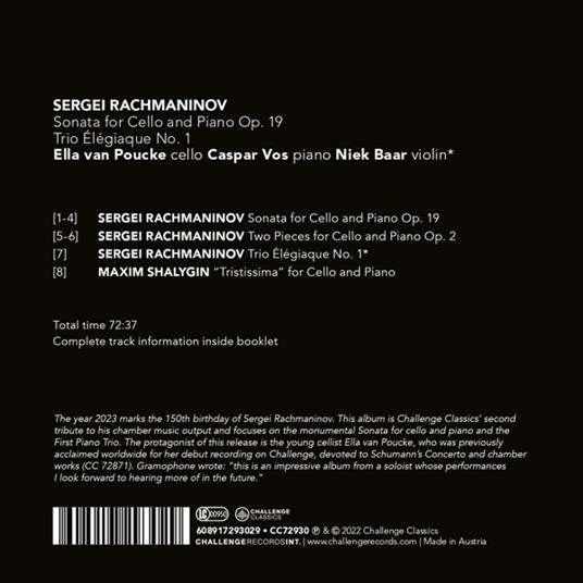 Rachmaninov. Sonata For Cello And Piano Op. 19 - Trio Elegiaque No. 1 - CD Audio di Ella Van - Caspar Vos - Niek Baar Poucke - 2