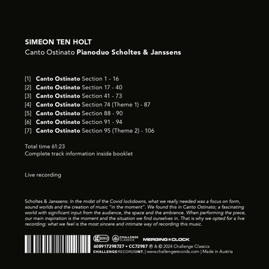 Canto Ostinato - CD Audio di Simeon ten Holt - 2