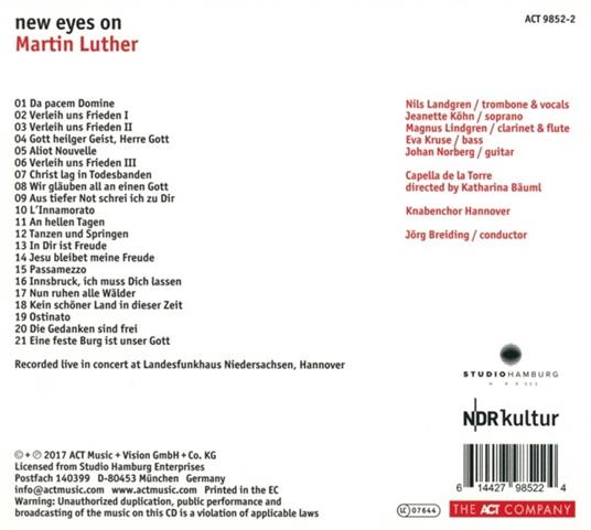 New Eyes on Martin Luther - CD Audio di Nils Landgren,Jeanette Köhn,Capella de la Torre - 2