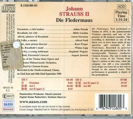 Il pipistrello (Die Fledermaus) - CD Audio di Johann Strauss,Wiener Philharmoniker,Hilde Güden,Anton Dermota,Wilma Lipp,Julius Patzak,Clemens Krauss - 2