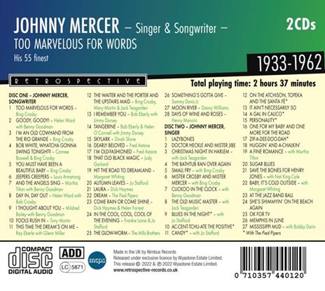 Too Marvelous For Words - His 55 Finest 1933-1962 - CD Audio di Johnny Mercer - 2