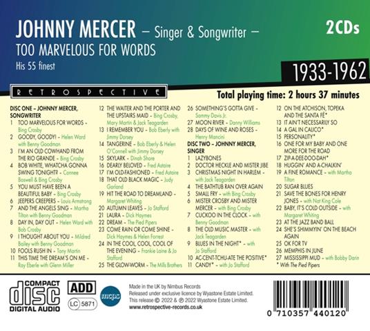 Too Marvelous For Words - His 55 Finest 1933-1962 - CD Audio di Johnny Mercer - 2