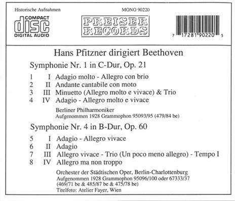 Dirigiert Beethoven 1 & 4 Sinfonie - CD Audio di Ludwig van Beethoven,Hans Pfitzner - 2