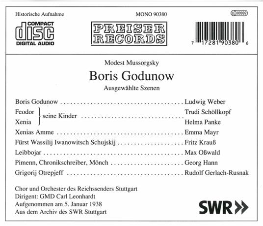 Boris Godunov (1874) (sel) (in tedesco) - CD Audio di Modest Mussorgsky - 2