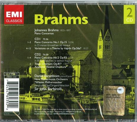 Concerti per pianoforte n.1, n.2 - Variazioni su un tema di Haydn - CD Audio di Johannes Brahms,Sir John Barbirolli,Daniel Barenboim,Wiener Philharmoniker,New Philharmonia Orchestra - 2