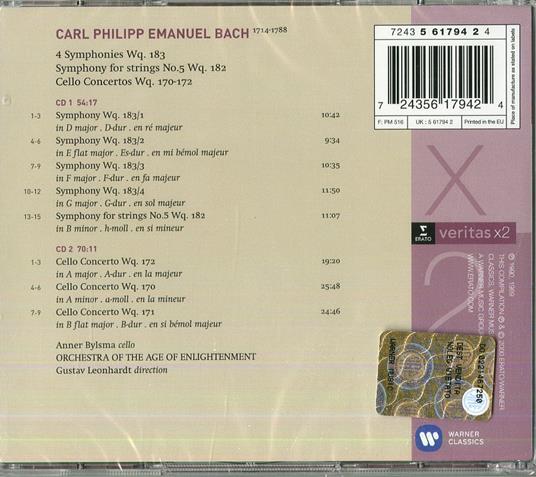 Sinfonie e Concerti per violoncello (Serie Veritas) - CD Audio di Carl Philipp Emanuel Bach,Gustav Leonhardt,Anner Bylsma,Orchestra of the Age of Enlightenment - 2