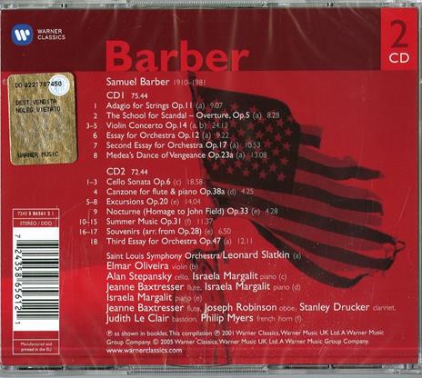 Adagio per archi - Concerto per violino - Opere orchestrali - CD Audio di Samuel Barber,Leonard Slatkin,Saint Louis Symphony Orchestra - 2