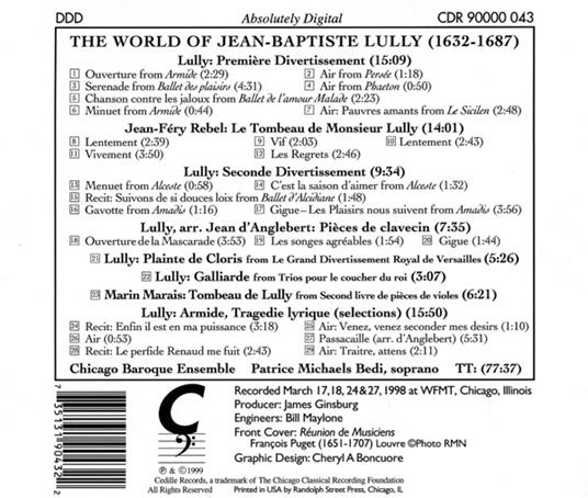 The World of Lully. Armide, Overture; Persee, Air; Ballet des Plaisirs, Serenade - CD Audio di Jean-Baptiste Lully - 2